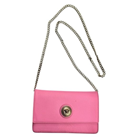 Authentic Versace WOC Pink Leather Gold Chain Medusa Head Crossbody Bag With COA - Picture 1 of 9